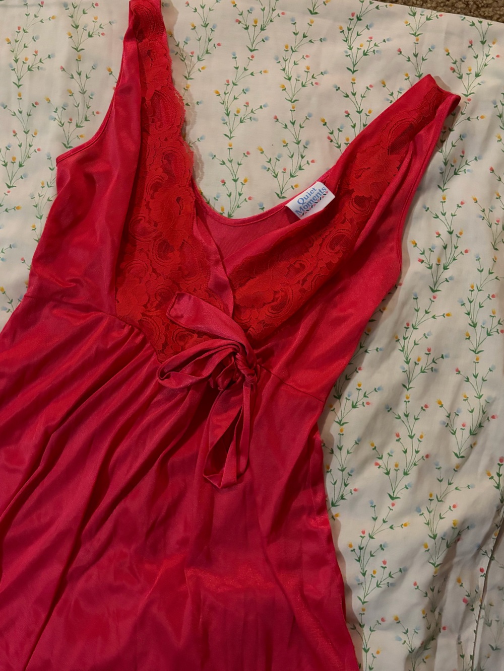 Vintage Quiet Moments Raspberry Satin Lace Nightgown Bow Back 90s Lingerie